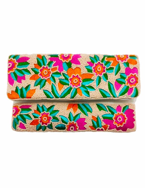 Clutch | Hot Pink & Green Flowers Beaded