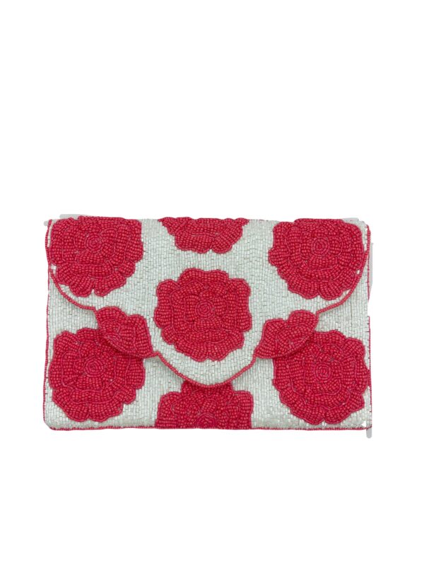 Clutch | White with Pink Roses Beaded