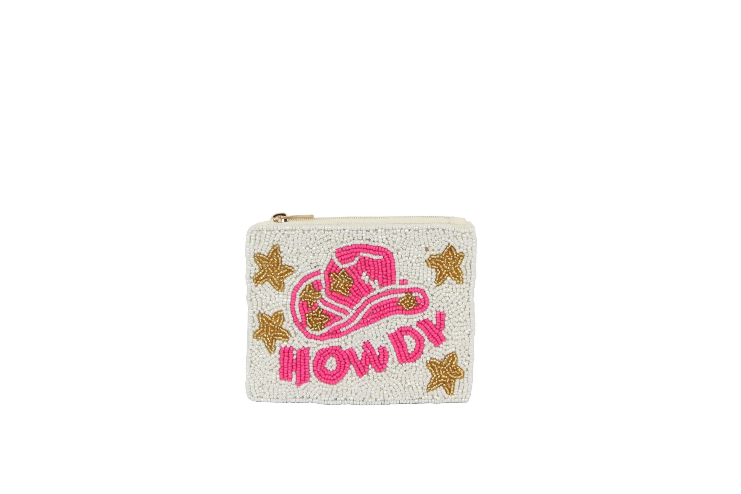 Mini | Ladies White Fully Beaded HOWDY Theme Coin Purse
