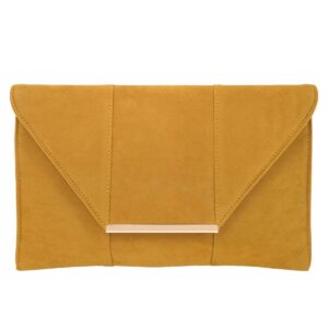 Clutch | Faux Microsuede Envelope Clutch - Gold Metal Hardware: MUSTARD